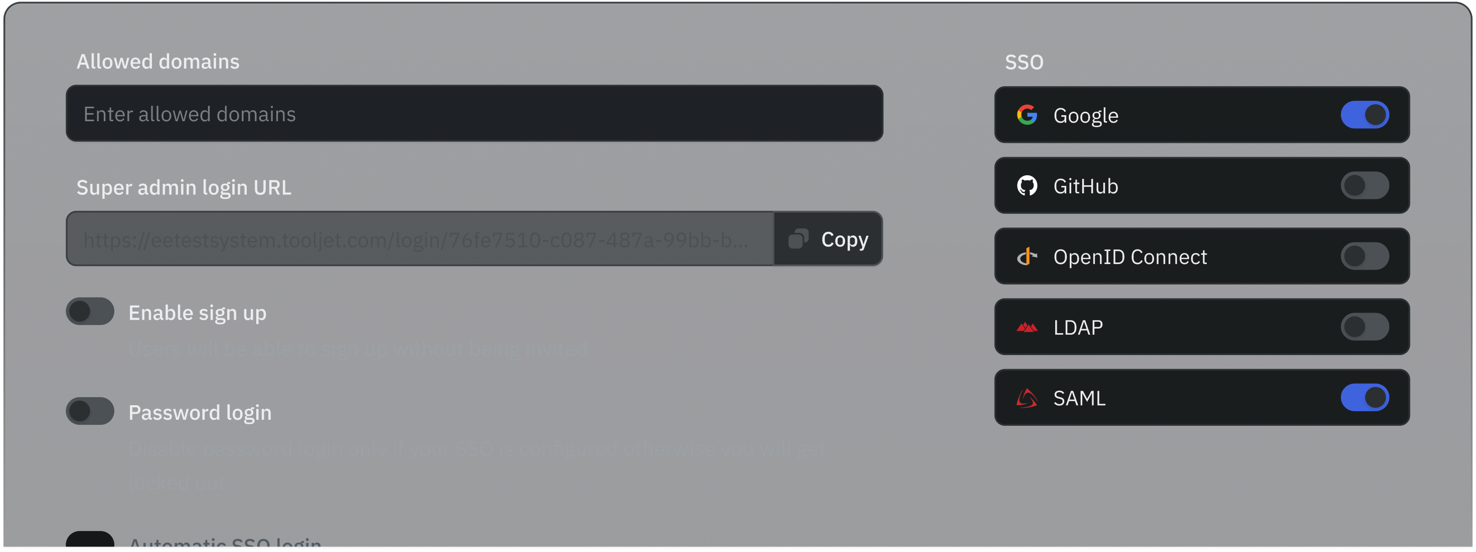 Authentication settings panel